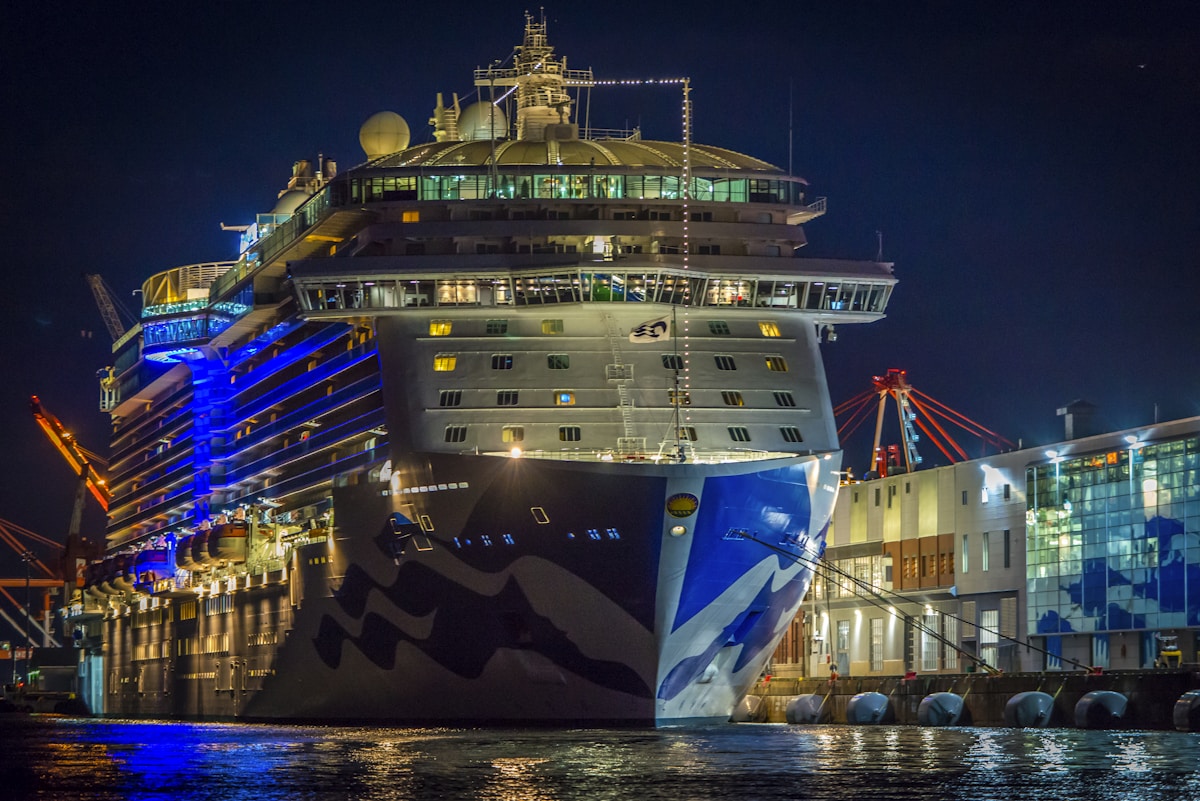 Cruise ship lit up at a harbor pier at night
