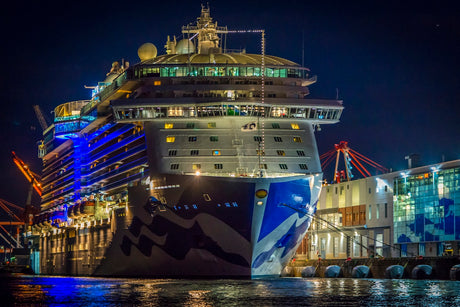 Cruise ship lit up at a harbor pier at night