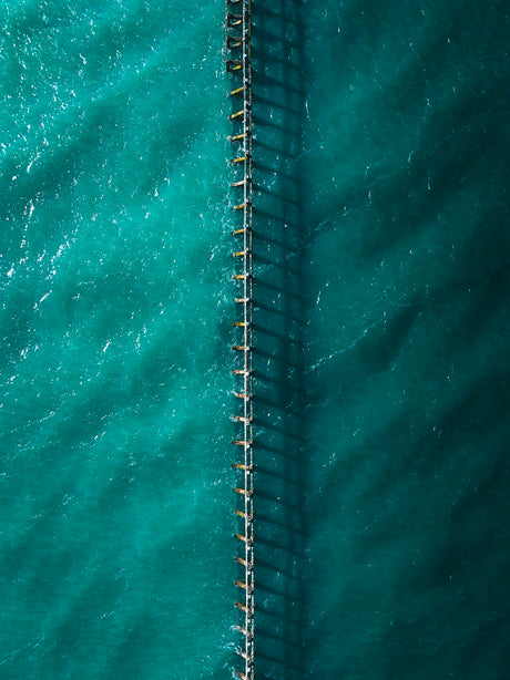 Aerial view of a dock and ocean on Flag Day
